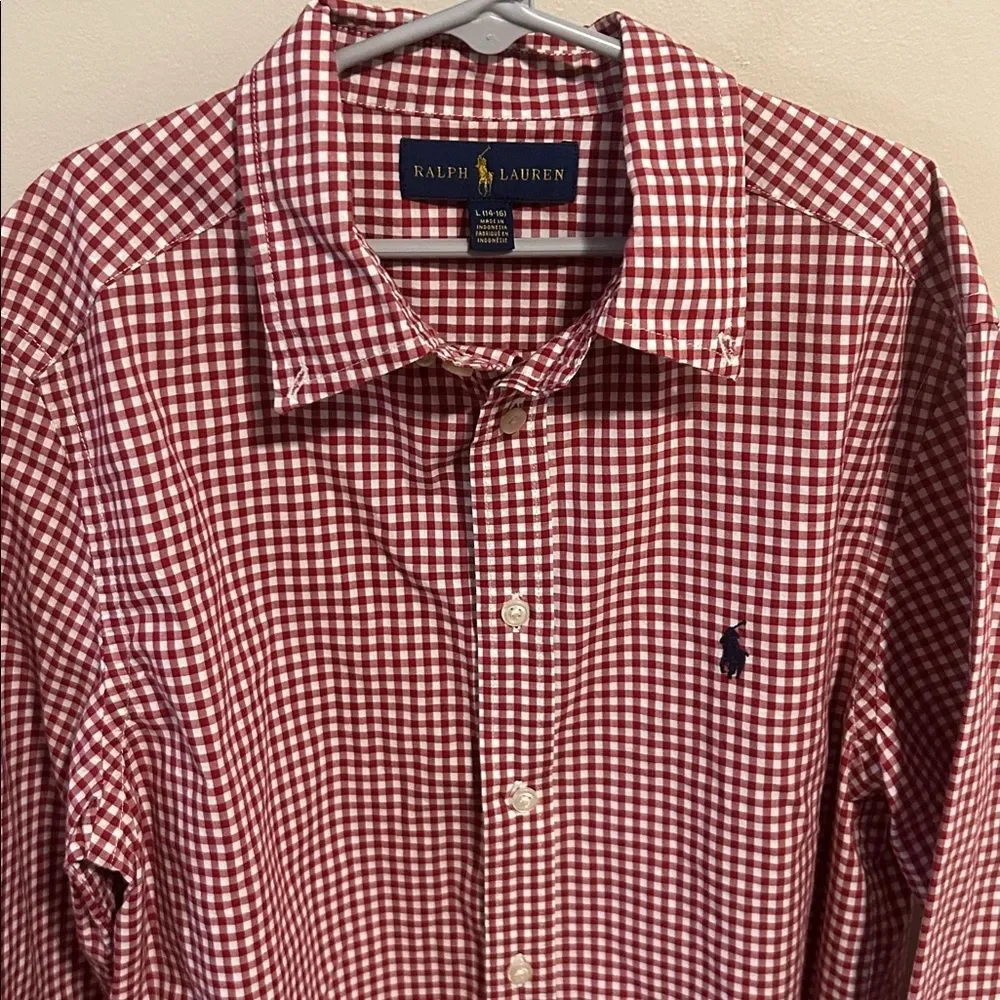 Ralph Lauren Boys Long Sleeve Button Down Shirt Red Check Pattern. Size Large
